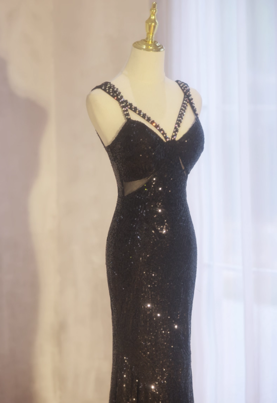 Elegant Black Mermaid Evening Gowns Spaghetti Strap Formal Dresses Spark Sequin Sleeveless Long Prom Dresses DH2697