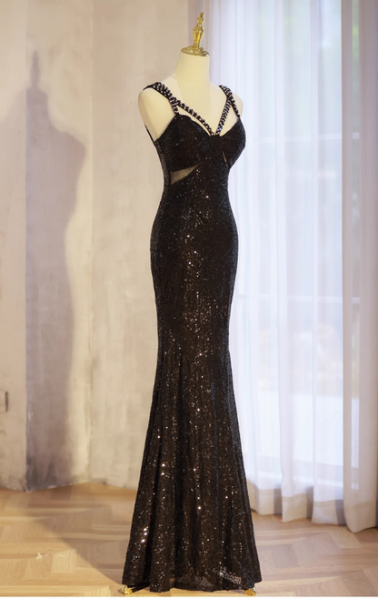 Elegant Black Mermaid Evening Gowns Spaghetti Strap Formal Dresses Spark Sequin Sleeveless Long Prom Dresses DH2697