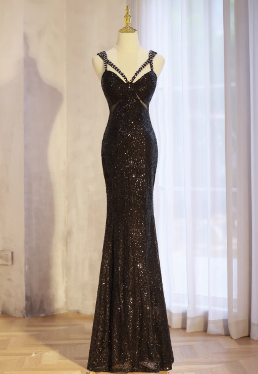 Elegant Black Mermaid Evening Gowns Spaghetti Strap Formal Dresses Spark Sequin Sleeveless Long Prom Dresses DH2697