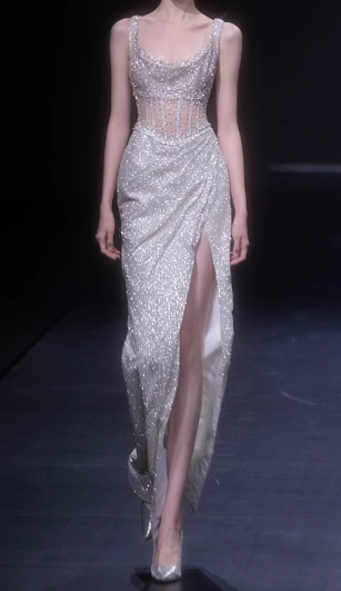 Light Champagne Glitter Tulle Sheath Evening Gowns Gorgeous Beaded Slit Formal Dresses Sparkly Sequin Sleeveless Long Prom Dresses  DH2699