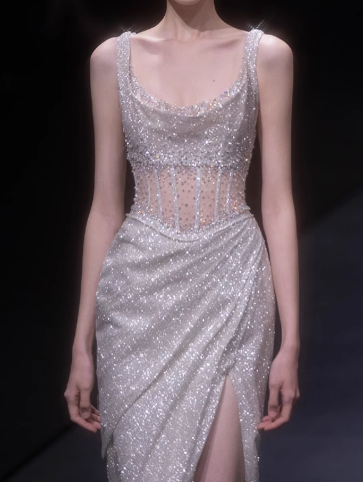 Light Champagne Glitter Tulle Sheath Evening Gowns Gorgeous Beaded Slit Formal Dresses Sparkly Sequin Sleeveless Long Prom Dresses  DH2699