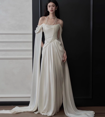 Ivory Off-shoulder Sheath Evening Gowns Simple Chiffon Formal Dresses Elegant Sleeveless Long Prom Dresses  DH2700