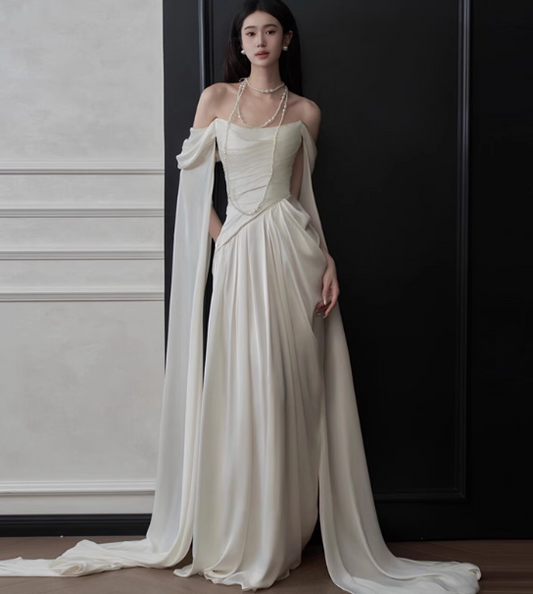 Ivory Off-shoulder Sheath Evening Gowns Simple Chiffon Formal Dresses Elegant Sleeveless Long Prom Dresses  DH2700