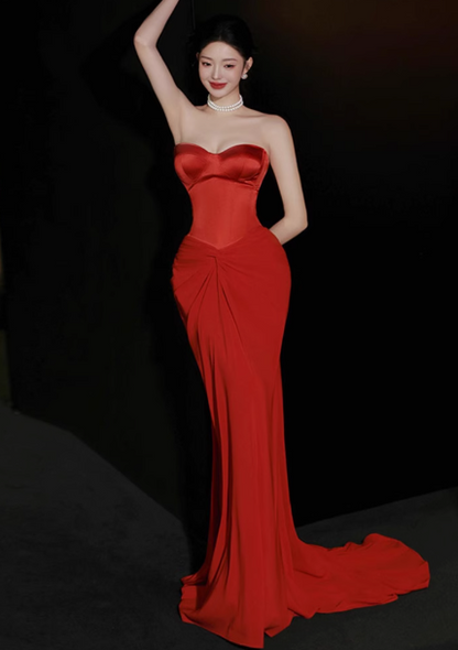 Glamour Red Mermaid Evening Gown Sweetheart Neck Formal Dress Satin Chiffon  Modest Long Prom Dresses DH2701
