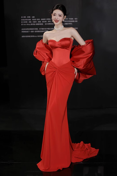 Glamour Red Mermaid Evening Gown Sweetheart Neck Formal Dress Satin Chiffon  Modest Long Prom Dresses DH2701