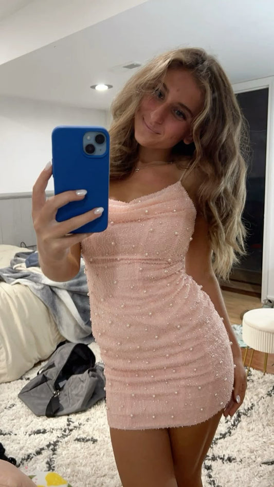 Fancy Sheath Spaghetti Straps Light Pink Sequin Formal Homecoming Dresses High School Graduation Dress Short Night Elegant Hoco Dresses DH2702