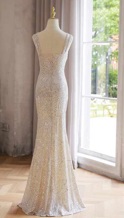 Sparkly Light Champagne V-neck Formal Dress Beaded Sequin Mermaid Evening Gown Modest Long Prom Dresses DH2702