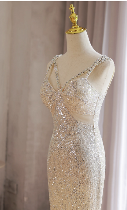 Sparkly Light Champagne V-neck Formal Dress Beaded Sequin Mermaid Evening Gown Modest Long Prom Dresses DH2702