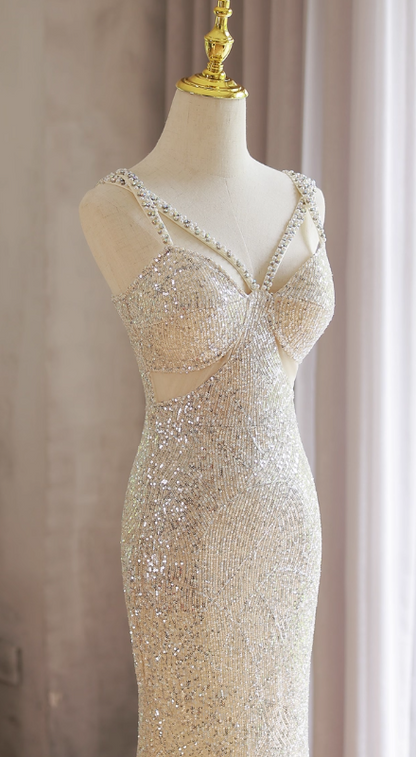 Sparkly Light Champagne V-neck Formal Dress Beaded Sequin Mermaid Evening Gown Modest Long Prom Dresses DH2702