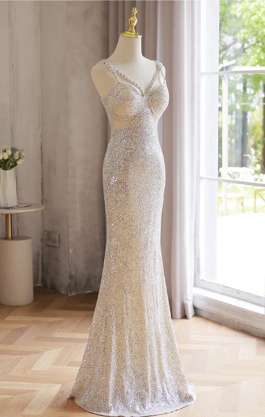 Sparkly Light Champagne V-neck Formal Dress Beaded Sequin Mermaid Evening Gown Modest Long Prom Dresses DH2702