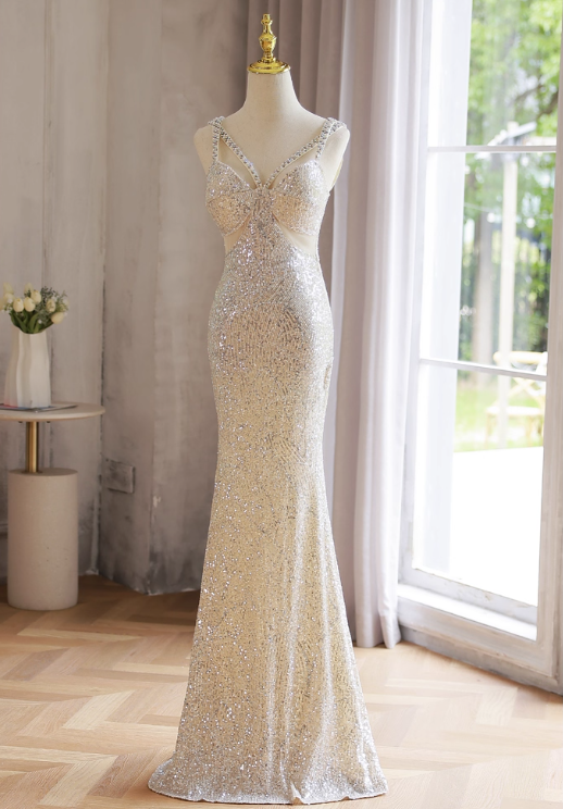 Sparkly Light Champagne V-neck Formal Dress Beaded Sequin Mermaid Evening Gown Modest Long Prom Dresses DH2702