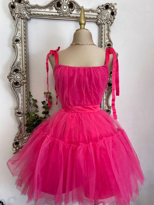 Fancy Ball Gown Spaghetti Straps Hot Pink Tulle Formal Homecoming Dresses High School Graduation Dress Short Night Elegant Hoco Dresses DH2704