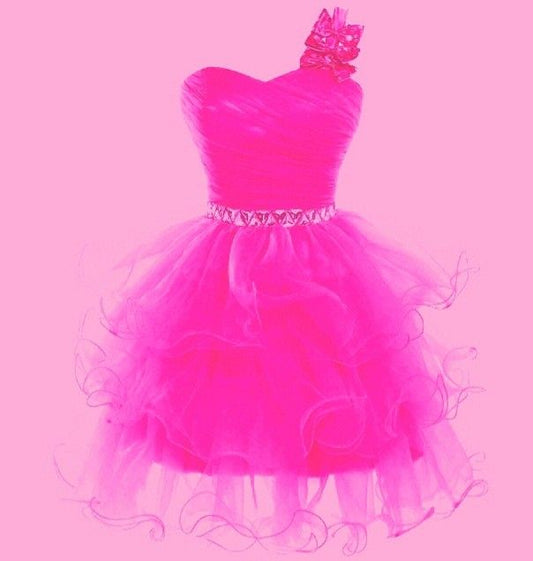 Fancy Ball Gown One Shoulder Hot Pink Tulle Formal Homecoming Dresses High School Mini Dresses Short Night Party Hoco Dresses DH2708