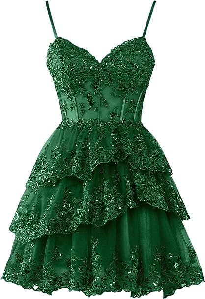 Vintage A line Spaghetti Straps Lace Dark Green Formal Homecoming Dresses Short Dresses Party Graduation Dress Hoco Dresses DH2710