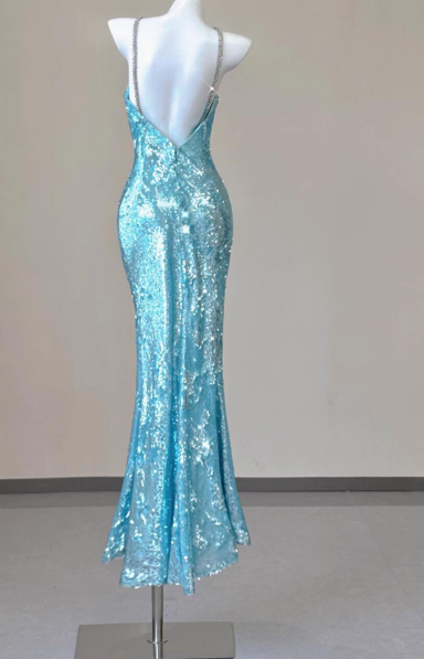 Sparkly Sequin Halter Blue Mermaid Evening Gowns Elegant Open Back Prom Dresses DH2710
