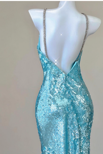 Sparkly Sequin Halter Blue Mermaid Evening Gowns Elegant Open Back Prom Dresses DH2710