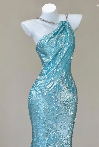 Sparkly Sequin Halter Blue Mermaid Evening Gowns Elegant Open Back Prom Dresses DH2710