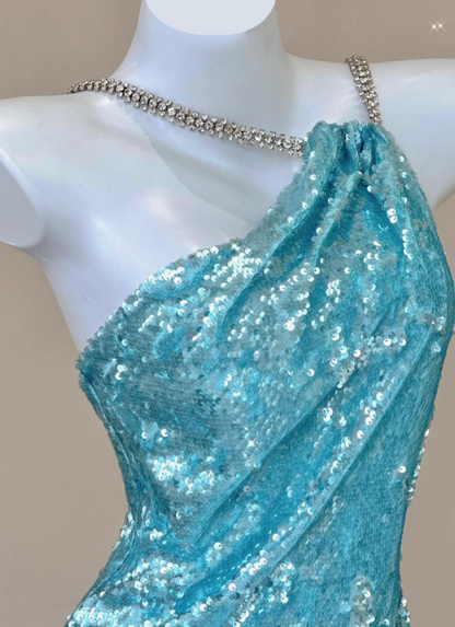 Sparkly Sequin Halter Blue Mermaid Evening Gowns Elegant Open Back Prom Dresses DH2710