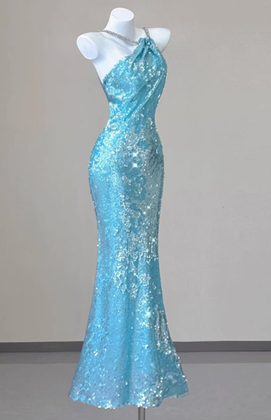 Sparkly Sequin Halter Blue Mermaid Evening Gowns Elegant Open Back Prom Dresses DH2710