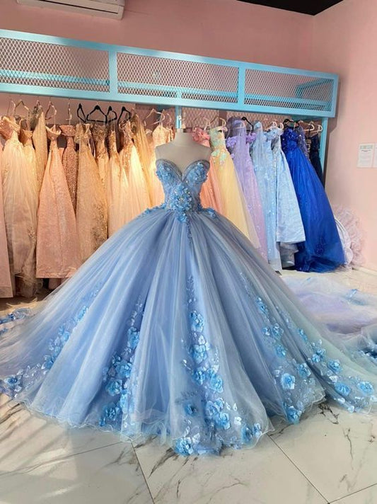 Cute Blue Sweetheart Neck Ball Gowns Tulle Applique Quinceañera Dress DH2711