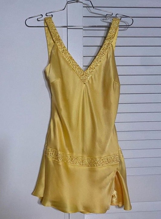 Vintage A line V Neck Satin Yellow Short Beads Formal Homecoming Dresses Short Dresses Party Graduation Dress Hoco Dresses DH2712