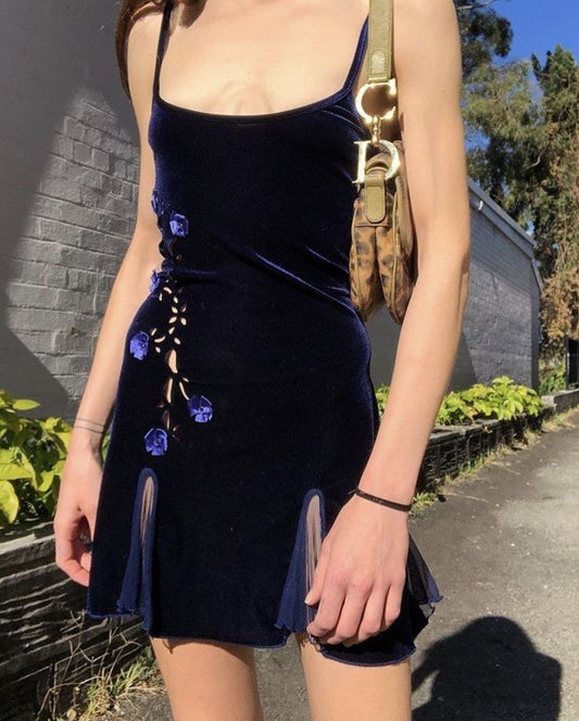 Vintage A line Spaghetti Straps Navy Blue Short Flowers Formal Homecoming Dresses Short Dresses Party Graduation Dress Hoco Dresses DH2713
