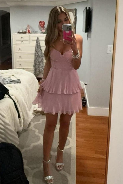 Vintage A line Spaghetti Straps Light Pink Short Chiffon Formal Homecoming Dresses Party Graduation Dress Hoco Dresses DH2718