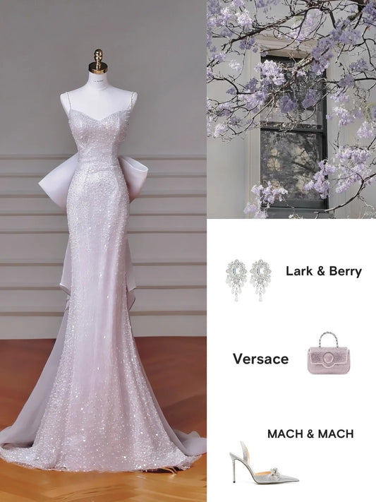 Modest Pink Spaghetti Strap Evening Dresses Mermaid Tulle with Bow Beading Long Prom Dresses Graduation Dresses DH02719