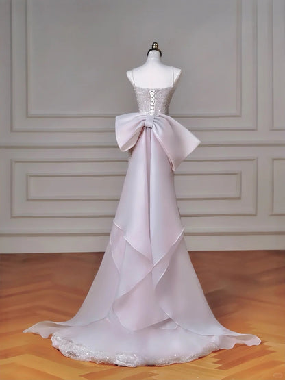 Modest Pink Spaghetti Strap Evening Dresses Mermaid Tulle with Bow Beading Long Prom Dresses Graduation Dresses DH02719