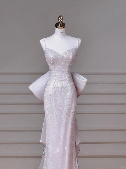 Modest Pink Spaghetti Strap Evening Dresses Mermaid Tulle with Bow Beading Long Prom Dresses Graduation Dresses DH02719