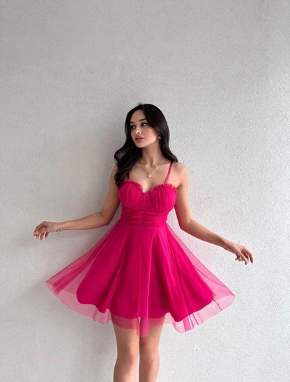 Robe de soirée courte en tulle rose vif, simple, coupe trapèze, bretelles spaghetti, robe de soirée, robe de remise de diplôme, Hoco DH2721