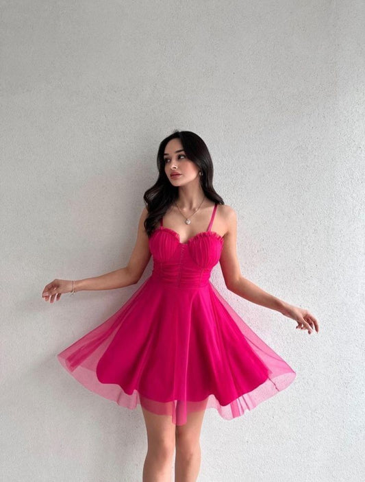 Simple A Line Spaghetti Straps Hot Pink Tulle Short Formal Homecoming Dresses Party Graduation Dress Hoco Dresses DH2721
