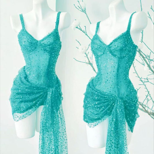 Sparkly Sheath Spaghetti Straps Blue Sequin Short Formal Homecoming Dresses Party Graduation Dress Hoco Dresses DH2722
