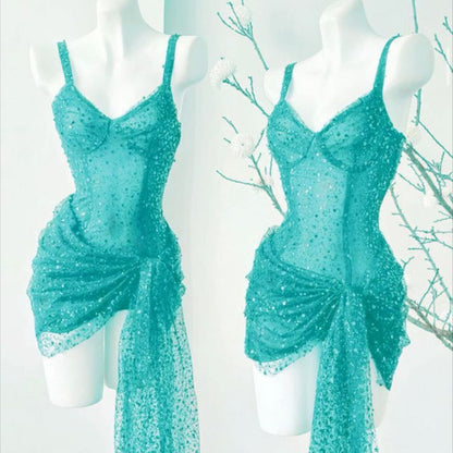 Robe fourreau scintillante à bretelles spaghetti, robe de soirée courte à paillettes bleues, robe de remise de diplôme, robe Hoco DH2722