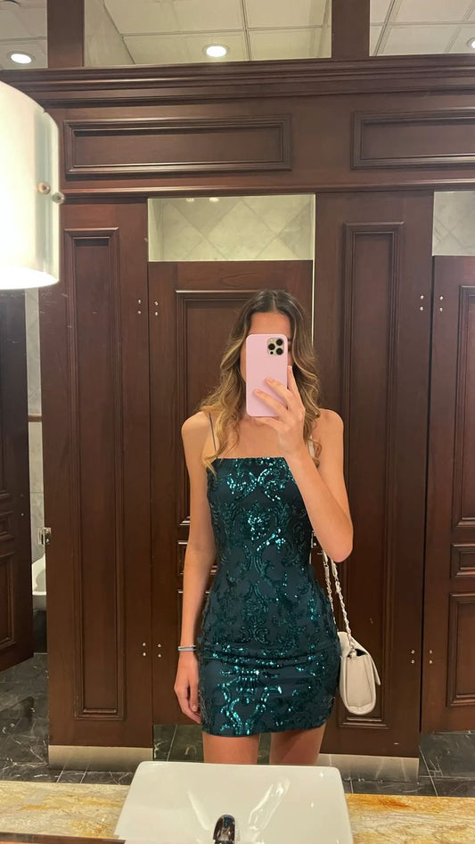 Sexy Sheath Spaghetti Straps Dark Green Sequin Short Formal Homecoming Dresses Party Graduation Dress Hoco Dresses DH2726