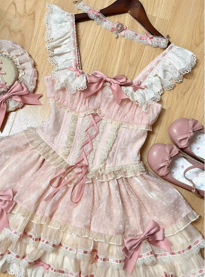 Vintage Pink Ball Gown Spaghetti Straps Lace Tulle18th Birthday Dress Lolita Dress Short Lolita Outfits DH2728