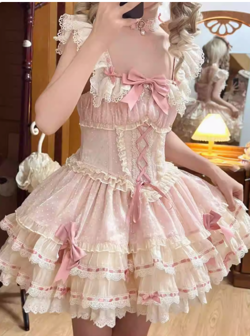 Vintage Pink Ball Gown Spaghetti Straps Lace Tulle18th Birthday Dress Lolita Dress Short Lolita Outfits DH2728