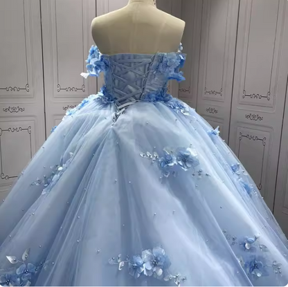 Gorgeous Sky Blue Off-the-shoulder Tulle Long Ball Gown with Flower Sweet 16 Birthday Dress Cute Quinceanera Dress DH2731