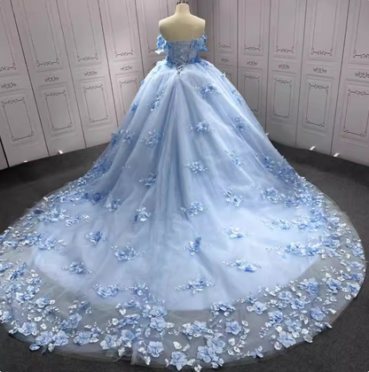 Gorgeous Sky Blue Off-the-shoulder Tulle Long Ball Gown with Flower Sweet 16 Birthday Dress Cute Quinceanera Dress DH2731