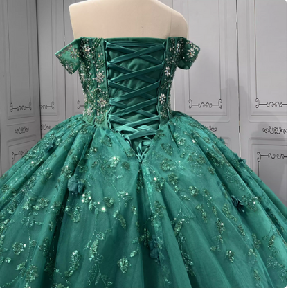 Gorgeous Dark Green Off-the-Shoulder Tulle Long Ball Gown Appliques Sweet 16th Birthday Dress Cute Beaded Sequin Quinceanera Dress DH2733