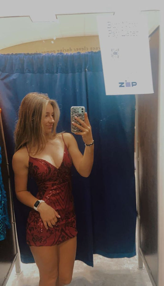 Sparkly Sheath Spaghetti Straps Burgundy Sequin Short Formal Homecoming Dresses Party Graduation Dress Hoco Dresses DH2734