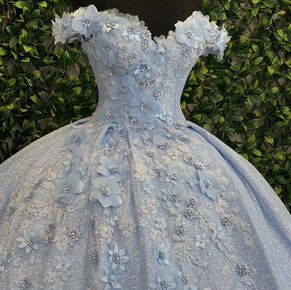 Gorgeous Sky Blue Off-the-shoulder Tulle Long Ball Gown Flower Sweet 16th Birthday Dress Cute Quinceanera Dress DH2735