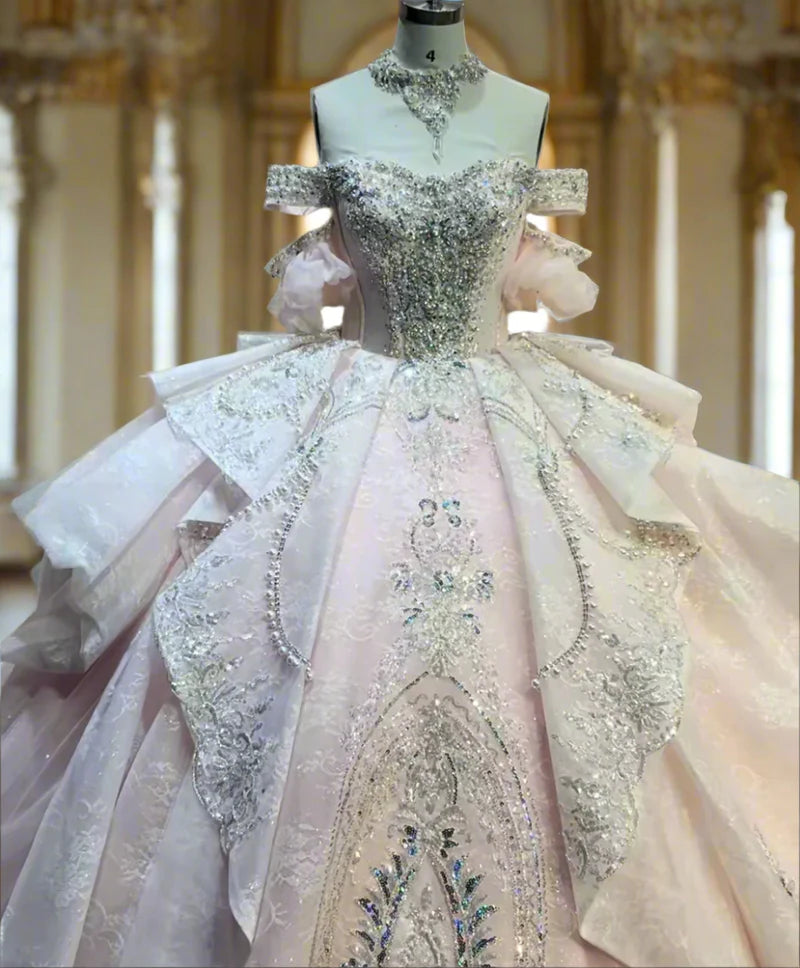 Gorgeous Sky Blue Off-the-shoulder Tulle Long Ball Gown Flower Sweet 16th Birthday Dress Cute Quinceanera Dress DH2736