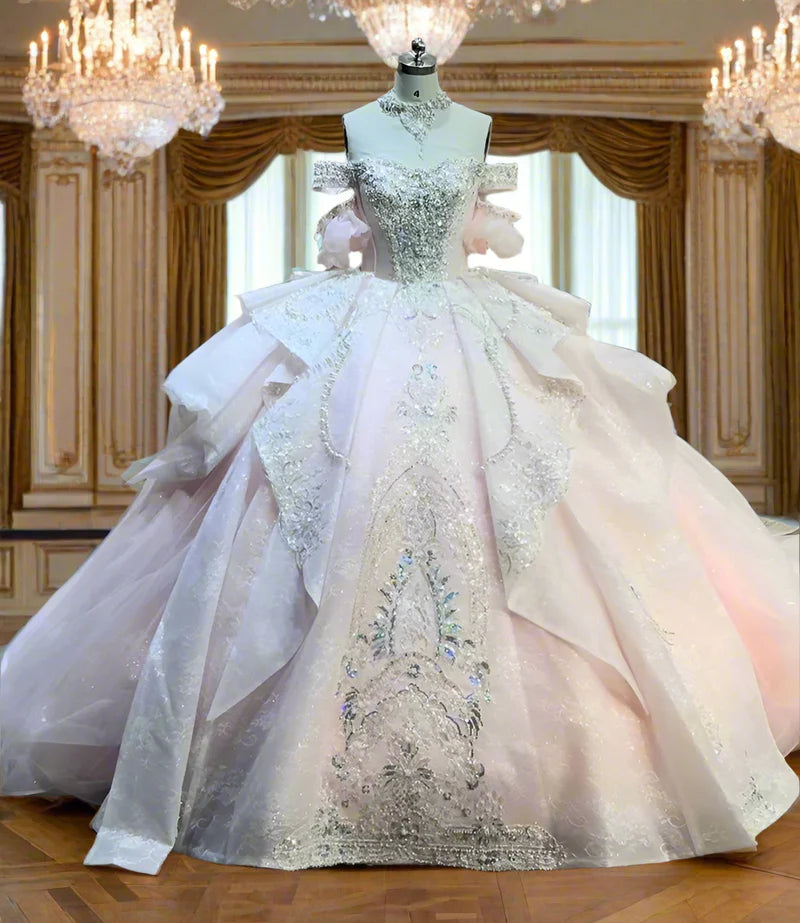 Gorgeous Sky Blue Off-the-shoulder Tulle Long Ball Gown Flower Sweet 16th Birthday Dress Cute Quinceanera Dress DH2736