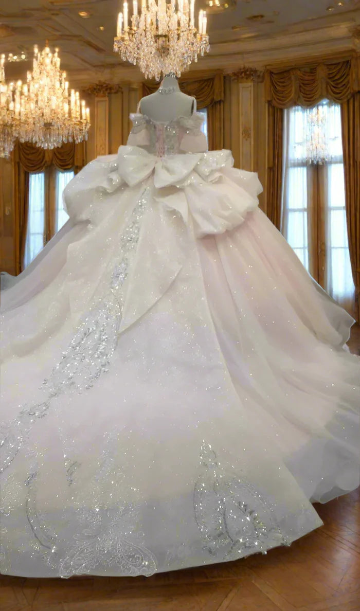 Gorgeous Sky Blue Off-the-shoulder Tulle Long Ball Gown Flower Sweet 16th Birthday Dress Cute Quinceanera Dress DH2736