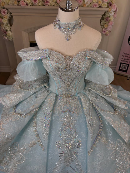 Gorgeous Sky Blue Off-the-shoulder Tulle Long Ball Gown Flower Sweet 16th Birthday Dress Cute Quinceanera Dress DH2736