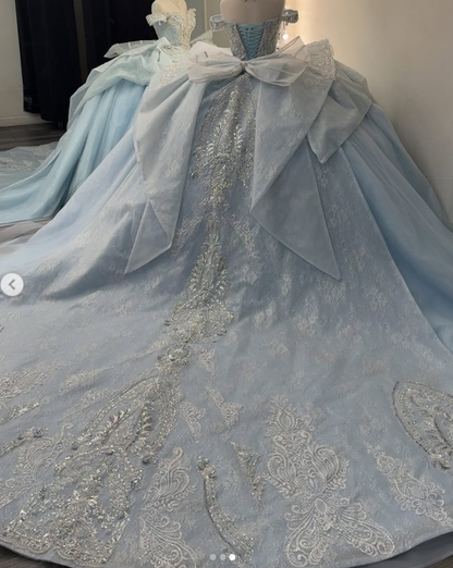 Gorgeous Sky Blue Off-the-shoulder Tulle Long Ball Gown Flower Sweet 16th Birthday Dress Cute Quinceanera Dress DH2736