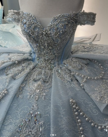 Gorgeous Sky Blue Off-the-shoulder Tulle Long Ball Gown Flower Sweet 16th Birthday Dress Cute Quinceanera Dress DH2736