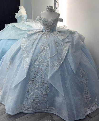 Gorgeous Sky Blue Off-the-shoulder Tulle Long Ball Gown Flower Sweet 16th Birthday Dress Cute Quinceanera Dress DH2736