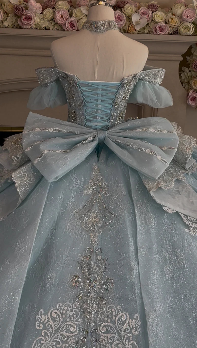 Gorgeous Sky Blue Off-the-shoulder Tulle Long Ball Gown Flower Sweet 16th Birthday Dress Cute Quinceanera Dress DH2736